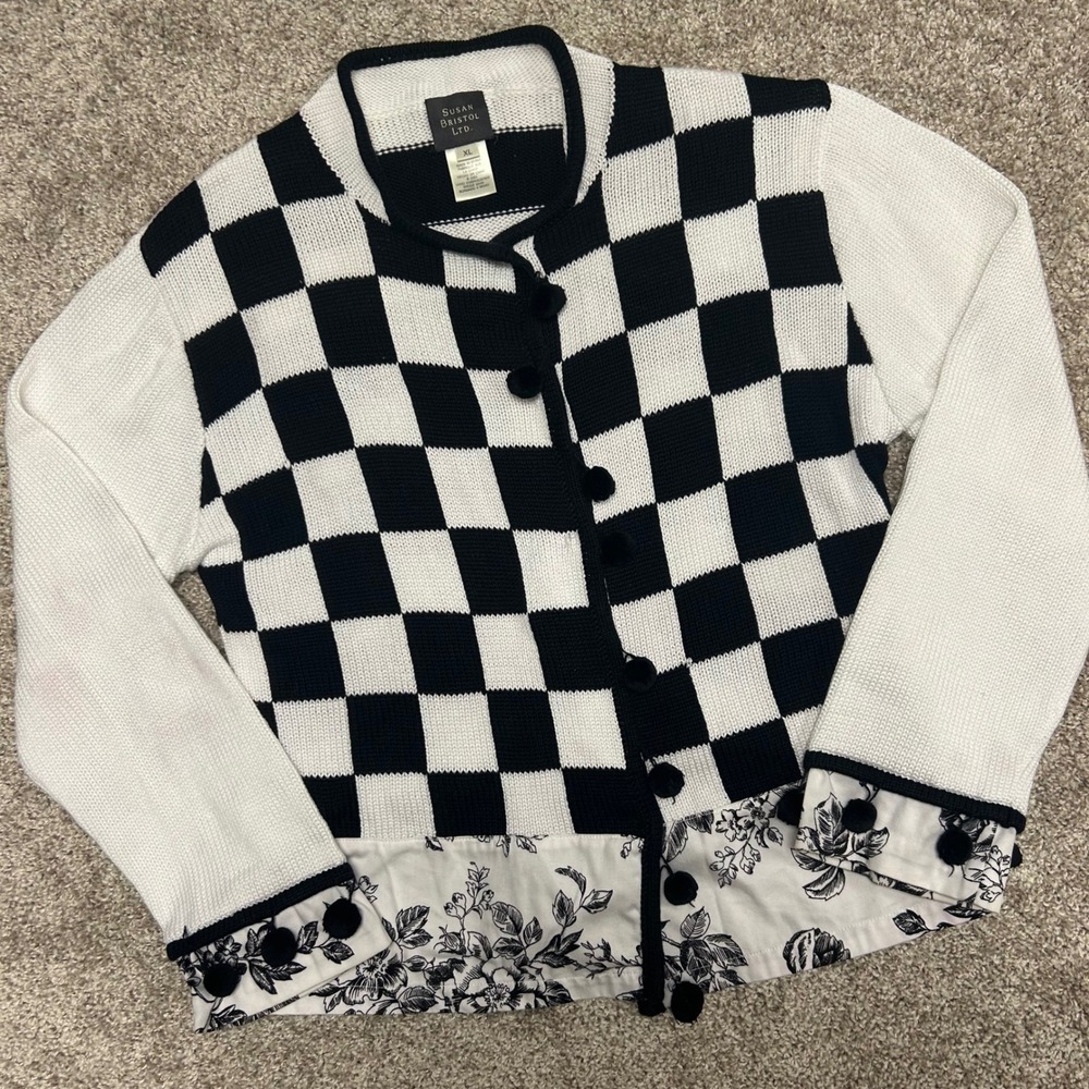 Vintage Susan Bristol Checkered Printโ Cardigan Sweater Women Size XL y2k 2001